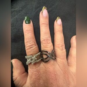 Set of 2 Silver & Gunmetal Rhinestone Statement Stretch Rings